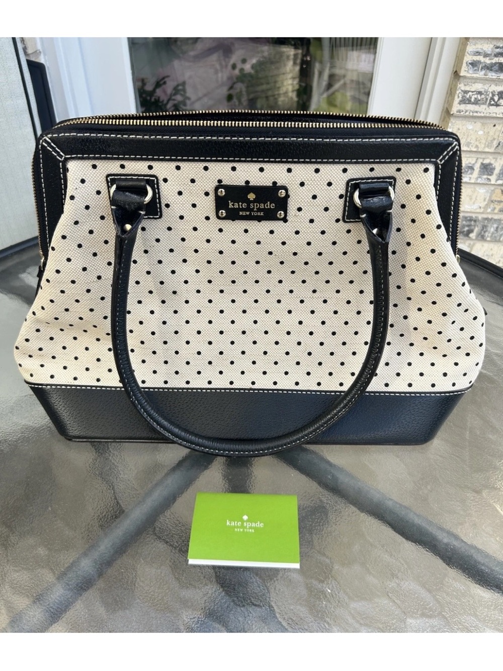 Kate Spade Belltown Ashlyn Black&Natural Polka Dot Canvas Black Leather Trim Bag